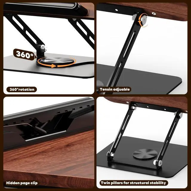 Alt view image 6 of 7 - Book Stand for Reading,Adjustable Book Holder with 360° Rotating Base,Foldable Book Holder Stand for Cookbook,Textbook,Tablets, Laptops (Dark Wood)