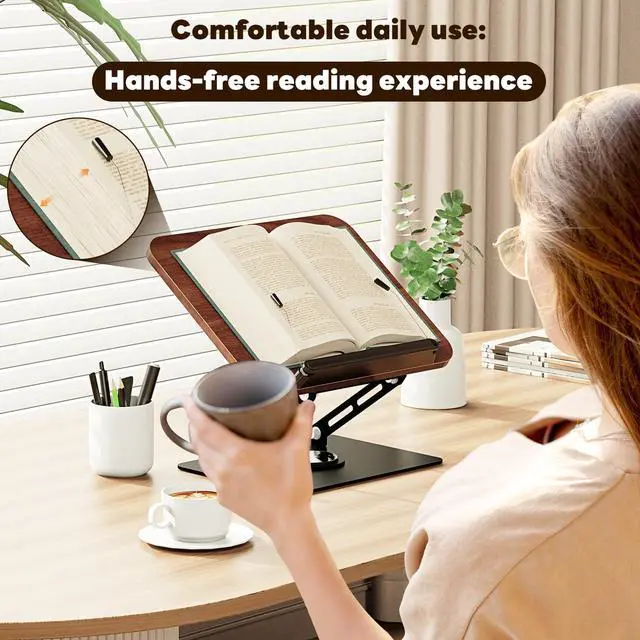 Alt view image 7 of 7 - Book Stand for Reading,Adjustable Book Holder with 360° Rotating Base,Foldable Book Holder Stand for Cookbook,Textbook,Tablets, Laptops (Dark Wood)