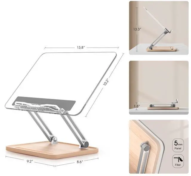 Alt view image 4 of 6 - Adjustable Acrylic Book Stand for Reading, Book Holder with Pen Slot, Foldable Desktop Riser for Laptop, Recipe, Textbook - Hands-Free,Cookbook Stand, Clear Design with Page Clips