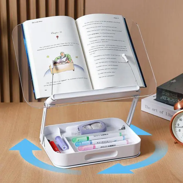 Main image of Acrylic Book Stand for Reading Adjustable Book Holder with 360 Rotating Base and Storage Foldable Desktop Riser Stand for Cookbook Laptop Tablet Textbook Music Score with Page Clip 13.4x9.3x2.8in