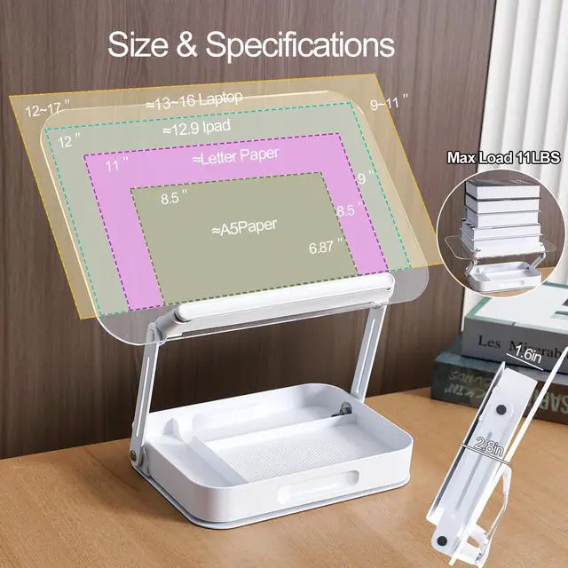 Alt view image 2 of 6 - Acrylic Book Stand for Reading Adjustable Book Holder with 360 Rotating Base and Storage Foldable Desktop Riser Stand for Cookbook Laptop Tablet Textbook Music Score with Page Clip 13.4x9.3x2.8in