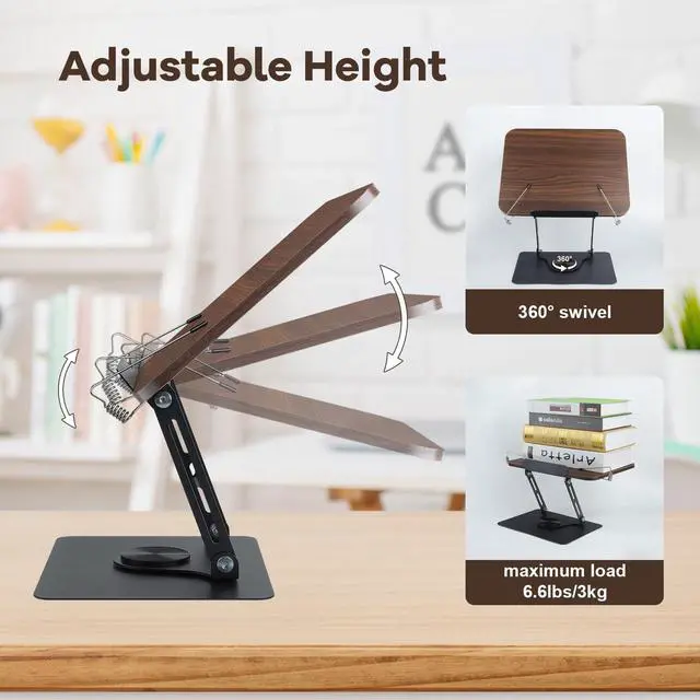 Alt view image 3 of 7 - Book Stand for Reading, Foldable Textbook Reading Stand with 360° Swivel Base and Elastic Page Clips, Adjustable Desk Cookbook Holder for Recipe Tablet Laptop Music Scores, Hands Free