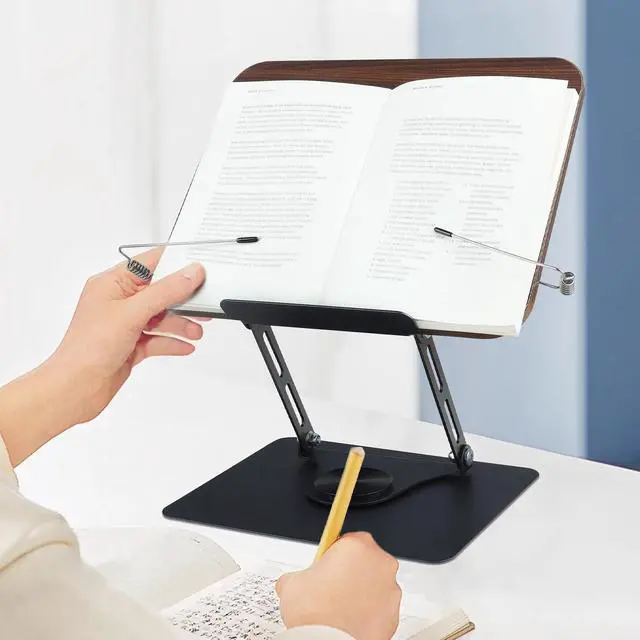 Alt view image 4 of 7 - Book Stand for Reading, Foldable Textbook Reading Stand with 360° Swivel Base and Elastic Page Clips, Adjustable Desk Cookbook Holder for Recipe Tablet Laptop Music Scores, Hands Free