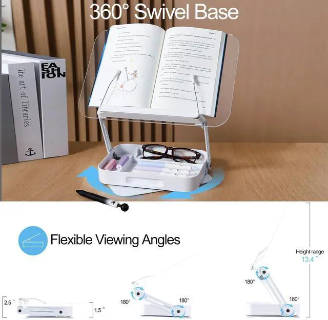 Alt view image 3 of 6 - Acrylic Book Stand for Reading Adjustable Book Holder with 360 Rotating Base and Storage Foldable Desktop Riser Stand for Cookbook Laptop Tablet Textbook Music Score with Page Clip 13.4x9.3x2.8in