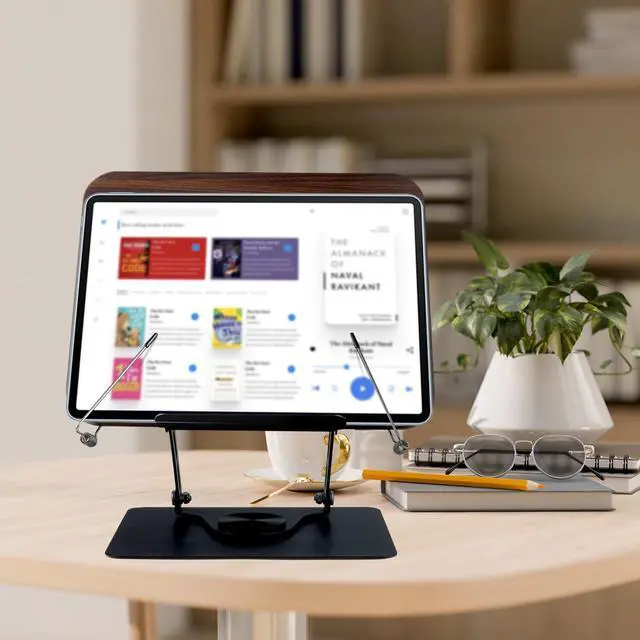 Alt view image 6 of 7 - Book Stand for Reading, Foldable Textbook Reading Stand with 360° Swivel Base and Elastic Page Clips, Adjustable Desk Cookbook Holder for Recipe Tablet Laptop Music Scores, Hands Free