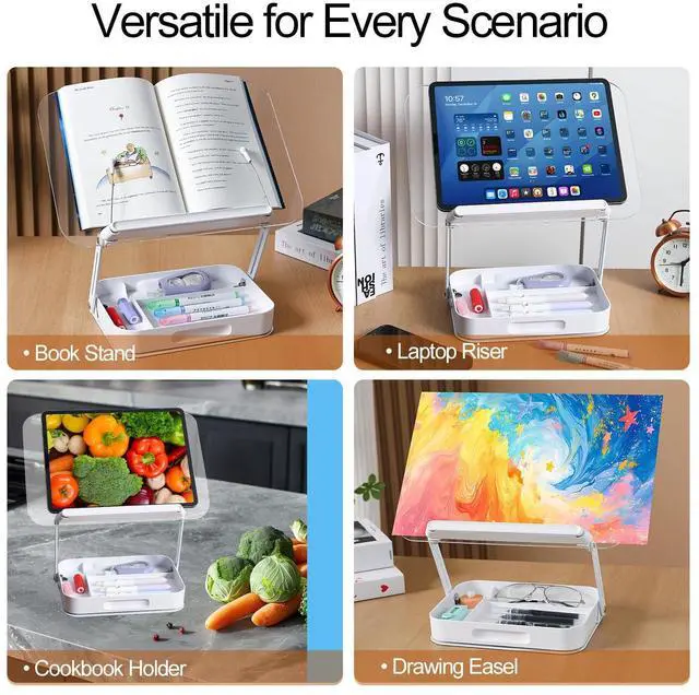 Alt view image 6 of 6 - Acrylic Book Stand for Reading Adjustable Book Holder with 360 Rotating Base and Storage Foldable Desktop Riser Stand for Cookbook Laptop Tablet Textbook Music Score with Page Clip 13.4x9.3x2.8in