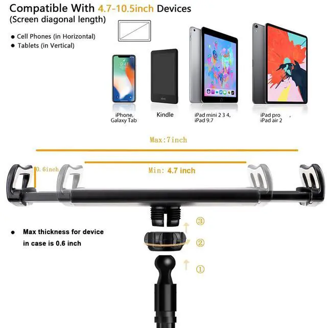 Alt view image 2 of 7 - Gooseneck Tablet Kindle Holder Stand for Bed Reading,33in Flexible Long Arm Clamp Clip Mount for iPad, iPhone, Galaxy Tabs, Switch, Kindle Fire, Phone 4.7''-10.5'' Tablet Devices