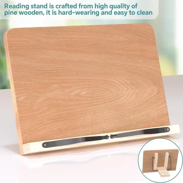 Alt view image 2 of 7 - Book Stand for Reading,8 Adjustable Height Holder Tray with Page Clips for Textbook/Cookbook/Music Scores/Tablet/,Lightweight Reading Hands Free Desktop Document Book Mount,Bamboo Holder-Oak Brown