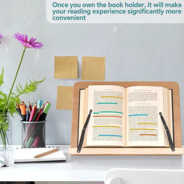 Alt view image 3 of 7 - Book Stand for Reading,8 Adjustable Height Holder Tray with Page Clips for Textbook/Cookbook/Music Scores/Tablet/,Lightweight Reading Hands Free Desktop Document Book Mount,Bamboo Holder-Oak Brown