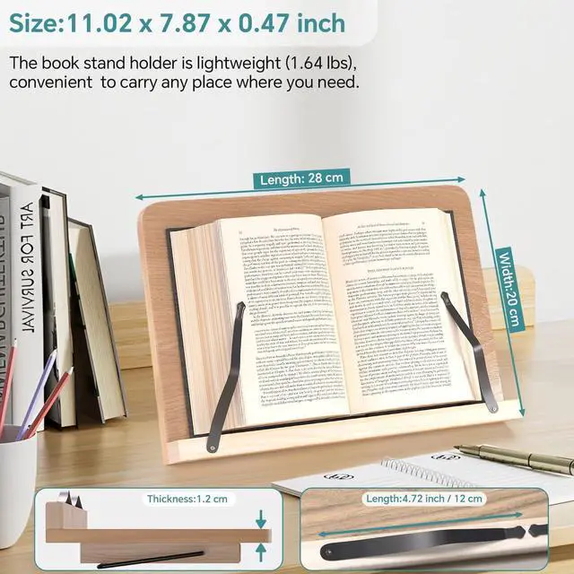 Alt view image 4 of 7 - Book Stand for Reading,8 Adjustable Height Holder Tray with Page Clips for Textbook/Cookbook/Music Scores/Tablet/,Lightweight Reading Hands Free Desktop Document Book Mount,Bamboo Holder-Oak Brown