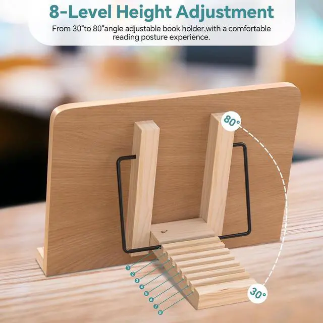 Alt view image 6 of 7 - Book Stand for Reading,8 Adjustable Height Holder Tray with Page Clips for Textbook/Cookbook/Music Scores/Tablet/,Lightweight Reading Hands Free Desktop Document Book Mount,Bamboo Holder-Oak Brown