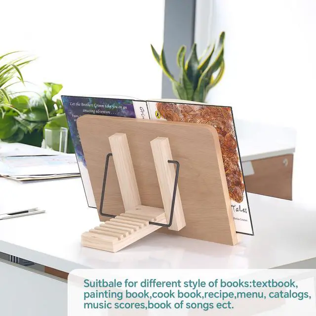 Alt view image 5 of 7 - Book Stand for Reading,8 Adjustable Height Holder Tray with Page Clips for Textbook/Cookbook/Music Scores/Tablet/,Lightweight Reading Hands Free Desktop Document Book Mount,Bamboo Holder-Oak Brown