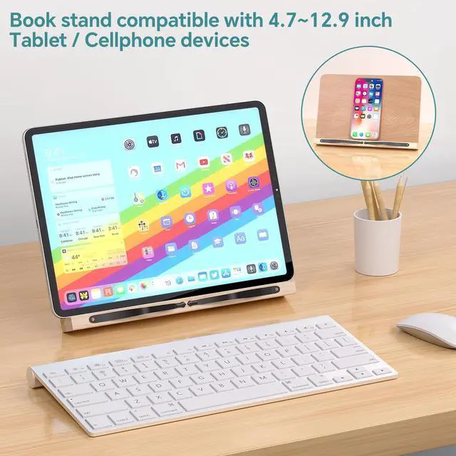 Alt view image 7 of 7 - Book Stand for Reading,8 Adjustable Height Holder Tray with Page Clips for Textbook/Cookbook/Music Scores/Tablet/,Lightweight Reading Hands Free Desktop Document Book Mount,Bamboo Holder-Oak Brown
