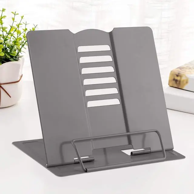 Main image of Desk Book Stand Metal Reading Rest Book Holder Angle Adjustable Stand Document Holder Portable Sturdy Lightweight Bookstands-Textbooks Tablet Music Books Cook Recipe (Grey)