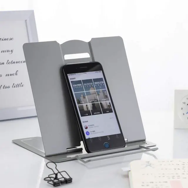Alt view image 4 of 6 - Desk Book Stand Metal Reading Rest Book Holder Angle Adjustable Stand Document Holder Portable Sturdy Lightweight Bookstands-Textbooks Tablet Music Books Cook Recipe (Grey)