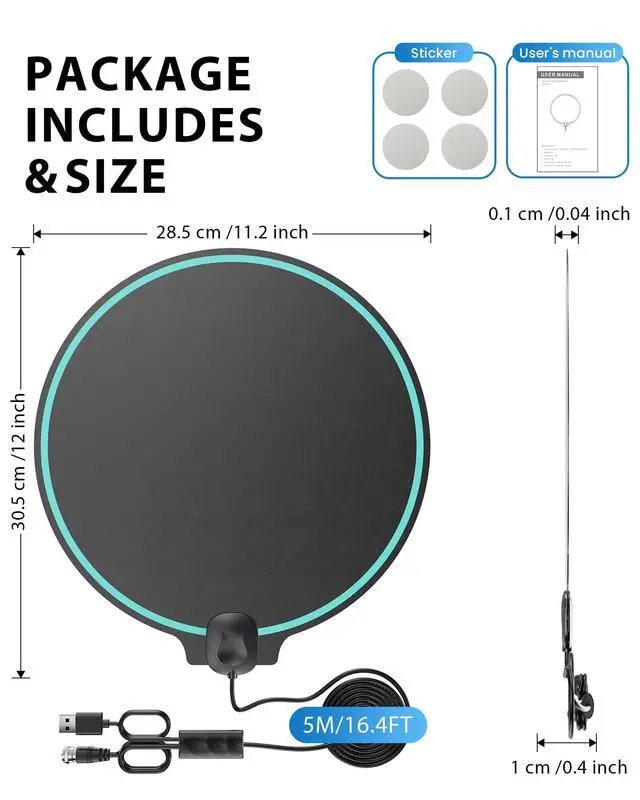 Alt view image 7 of 7 - TV Antenna for Smart TV Indoor, Digital Antenna with 360° Signal Reception for Local Channels 4K HD, 16.8ft Coaxial Cable, Easy Installation