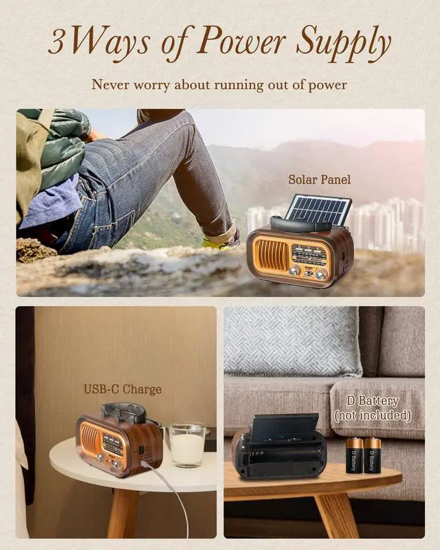 Alt view image 2 of 6 - J-150 Portable Radio AM FM SW Bluetooth Speaker, Retro Radios Vintage Transistor with Best Sound, Solar/D Battery Operated/USB Charging, TWS, Support TF Card/USB Playing