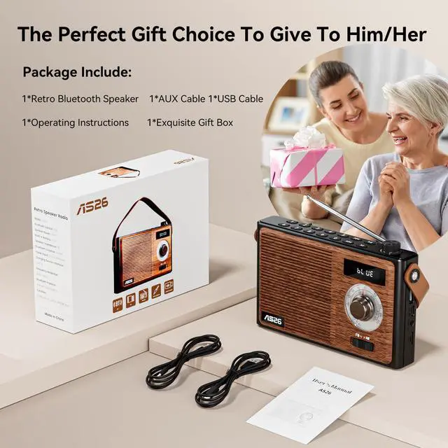 Alt view image 3 of 7 - AM FM Radio Portable Retro Bluetooth Speaker Support USB/TF/AUX Player, Vintage Wireless Radio with Digital Display, Retro Radios Battery Powered or Plug in Wall for Home Office Outdoor, Gift