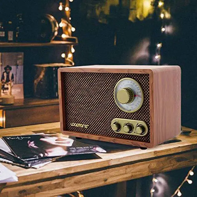 Alt view image 7 of 7 - AM FM Classic Retro Radio with Bluetooth Speaker,Vintage Wood Table Radio with Treble Bass Control for Kitchen Living Room with Rotary Knob Brown