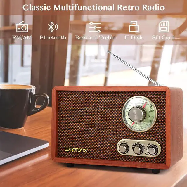 Alt view image 3 of 7 - USB SD Multifunction AM FM Vintage Radio with Bluetooth Speaker,Retro Wood Table Radio for Kitchen Living Room with Rotary Knob Brown