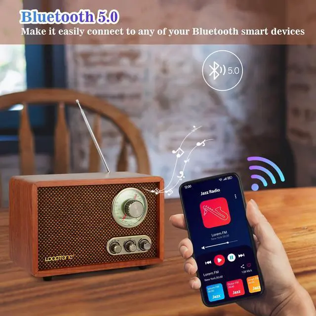 Alt view image 4 of 7 - USB SD Multifunction AM FM Vintage Radio with Bluetooth Speaker,Retro Wood Table Radio for Kitchen Living Room with Rotary Knob Brown