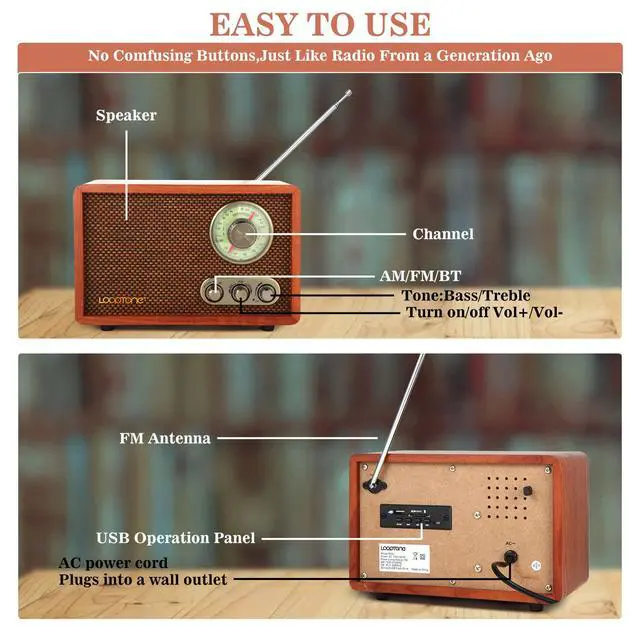 Alt view image 7 of 7 - USB SD Multifunction AM FM Vintage Radio with Bluetooth Speaker,Retro Wood Table Radio for Kitchen Living Room with Rotary Knob Brown