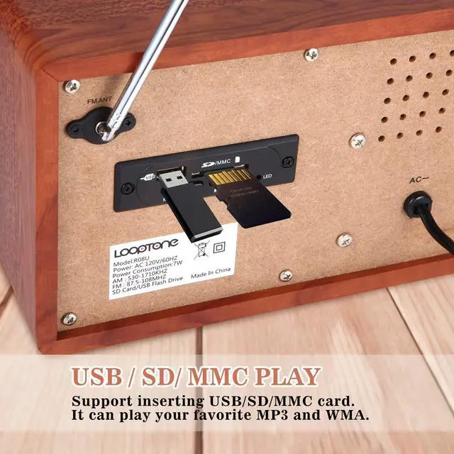 Alt view image 6 of 7 - USB SD Multifunction AM FM Vintage Radio with Bluetooth Speaker,Retro Wood Table Radio for Kitchen Living Room with Rotary Knob Brown