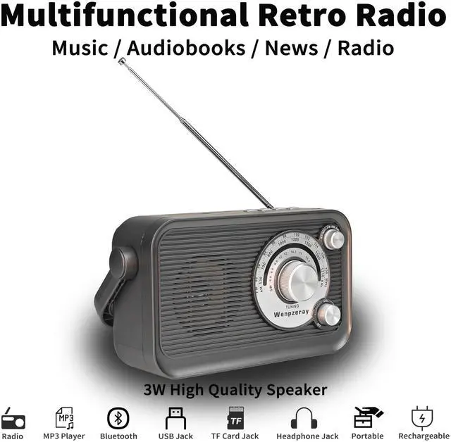 Alt view image 3 of 7 - D218 Portable AM FM SW Radio Vintage Analog Transistor Bluetooth Speaker Battery Powered with Large Tuning Knob Headphone Jack USB/TF Card Jack Easy to Use Gift for Family or Friend (Grey)