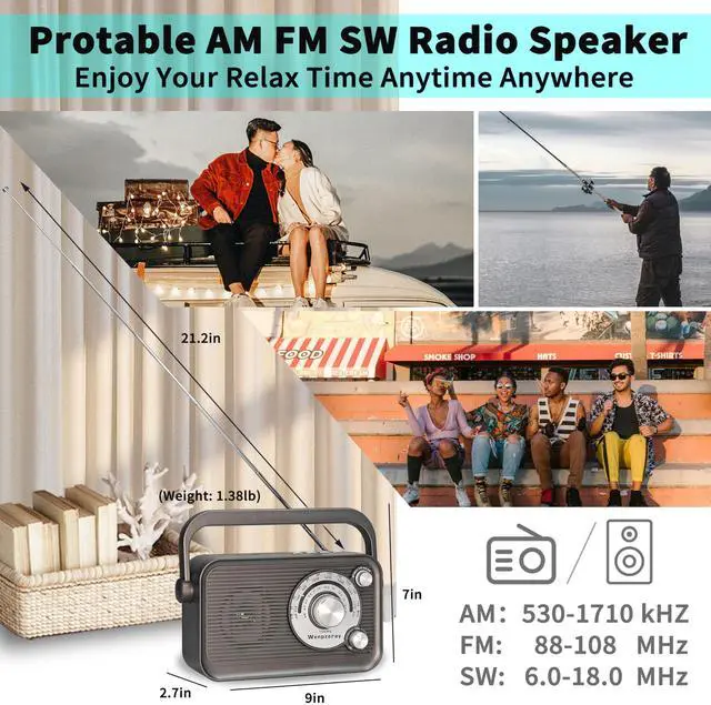 Alt view image 2 of 7 - D218 Portable AM FM SW Radio Vintage Analog Transistor Bluetooth Speaker Battery Powered with Large Tuning Knob Headphone Jack USB/TF Card Jack Easy to Use Gift for Family or Friend (Grey)