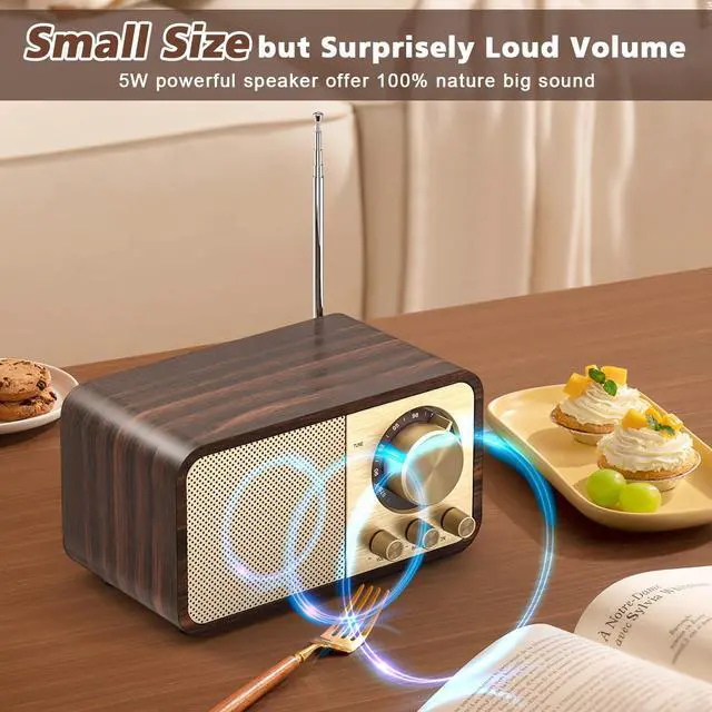 Alt view image 4 of 7 - FM Radio with Best Reception, Portable Transistor Radio with 5W Speaker, Rechargeable Vintage Radios for Home Outdoor, Support TF Card Play, USB MP3 Player, AUX, Bass Mode