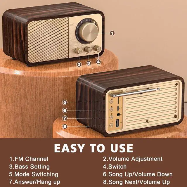 Alt view image 7 of 7 - FM Radio with Best Reception, Portable Transistor Radio with 5W Speaker, Rechargeable Vintage Radios for Home Outdoor, Support TF Card Play, USB MP3 Player, AUX, Bass Mode