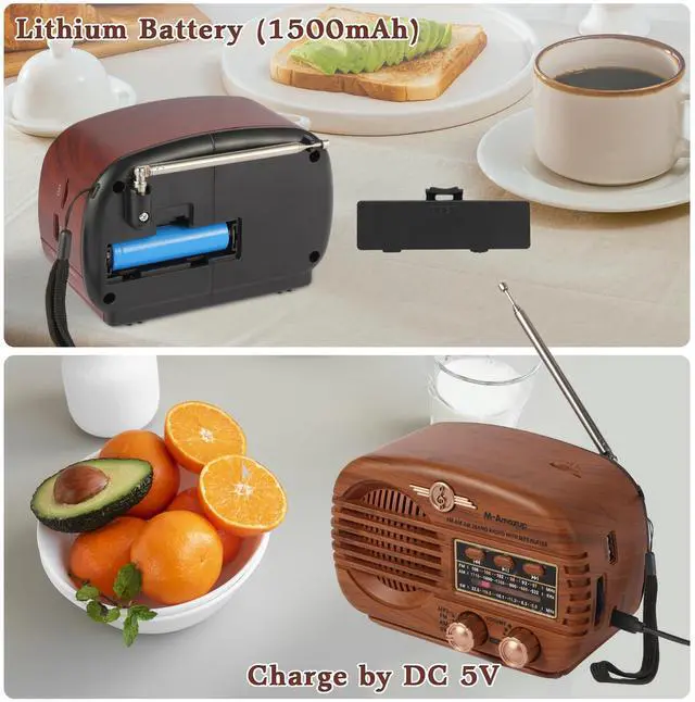 Alt view image 3 of 7 - Radios Portable AM FM SW, Retro Radio with Speaker, Transistor Radio Bluetooth 5.3, Rechargeable Battery Powered, TWS, Support TF Card/MP3/USB Playing, Gifts for Senior, Light Wood