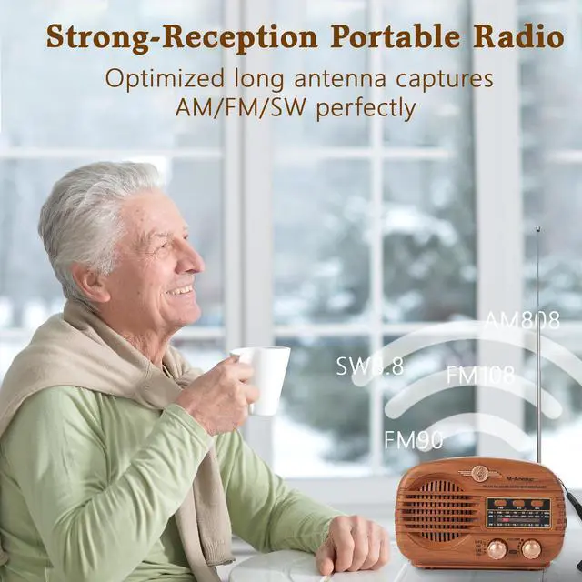 Alt view image 6 of 7 - Radios Portable AM FM SW, Retro Radio with Speaker, Transistor Radio Bluetooth 5.3, Rechargeable Battery Powered, TWS, Support TF Card/MP3/USB Playing, Gifts for Senior, Light Wood