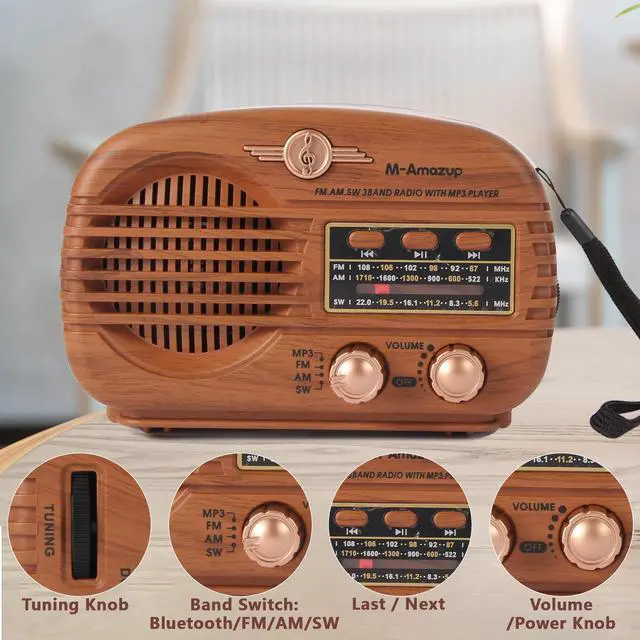 Alt view image 5 of 7 - Radios Portable AM FM SW, Retro Radio with Speaker, Transistor Radio Bluetooth 5.3, Rechargeable Battery Powered, TWS, Support TF Card/MP3/USB Playing, Gifts for Senior, Light Wood