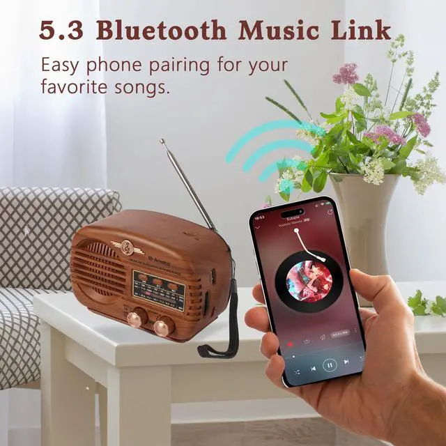Alt view image 7 of 7 - Radios Portable AM FM SW, Retro Radio with Speaker, Transistor Radio Bluetooth 5.3, Rechargeable Battery Powered, TWS, Support TF Card/MP3/USB Playing, Gifts for Senior, Light Wood