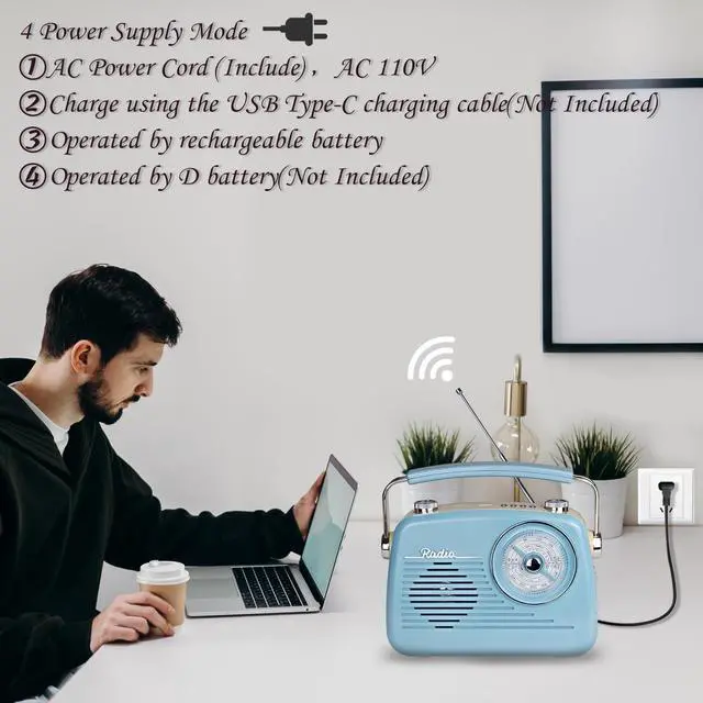 Alt view image 3 of 7 - Portable AM FM Shortwave Vintage Radio Multifunctional Bluetooth Speaker 4 Power Options 5W Speaker TWS Stereo Plug-in Wall/Type-C Charging Emergency Radio for Home Outdoor Camping (Blue)