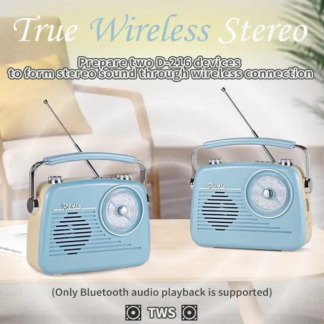Alt view image 7 of 7 - Portable AM FM Shortwave Vintage Radio Multifunctional Bluetooth Speaker 4 Power Options 5W Speaker TWS Stereo Plug-in Wall/Type-C Charging Emergency Radio for Home Outdoor Camping (Blue)