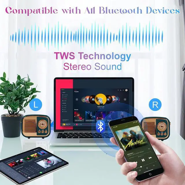 Alt view image 4 of 7 - Retro Bluetooth Speaker, Vintage Wireless Speaker,Portable Mini Radio Old Fashion Style for Room Decor Kitchen Desk Bedroom Office,Supports TWS Pairing for iPhone,Android Devices