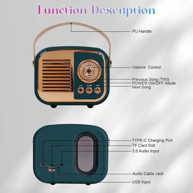 Alt view image 5 of 7 - Retro Bluetooth Speaker, Vintage Wireless Speaker,Portable Mini Radio Old Fashion Style for Room Decor Kitchen Desk Bedroom Office,Supports TWS Pairing for iPhone,Android Devices