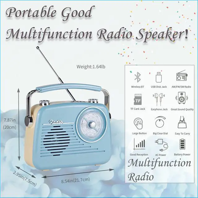 Alt view image 2 of 7 - Portable AM FM Shortwave Vintage Radio Multifunctional Bluetooth Speaker 4 Power Options 5W Speaker TWS Stereo Plug-in Wall/Type-C Charging Emergency Radio for Home Outdoor Camping (Blue)