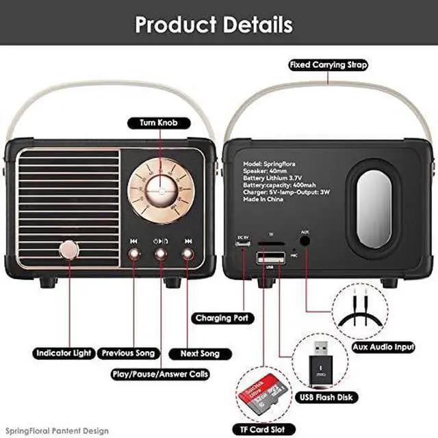 Alt view image 6 of 7 - Retro Bluetooth Speaker, Vintage Decor, Small Portable Wireless Speaker,Hands-Free Call,400mA Battery,TF Card,Aux Line, for iOS Android Smartphone Home Office, Gift Ideas Black
