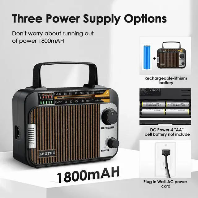 Alt view image 4 of 6 - AM FM Radio with Bluetooth,Portable Vintage Transistor Radio Rechargeable Battery/4 AA Cell Battery Operated/Plug in Wall,AUX,Big Speaker,Headphone Small Gifts for Senior