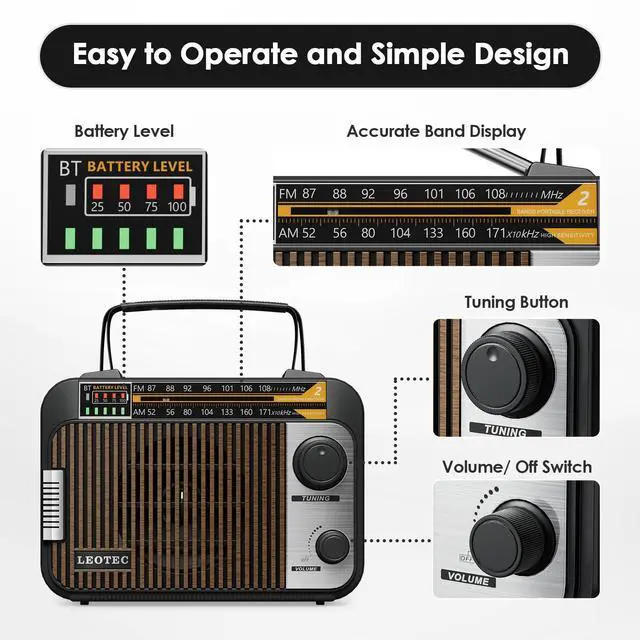 Alt view image 3 of 6 - AM FM Radio with Bluetooth,Portable Vintage Transistor Radio Rechargeable Battery/4 AA Cell Battery Operated/Plug in Wall,AUX,Big Speaker,Headphone Small Gifts for Senior
