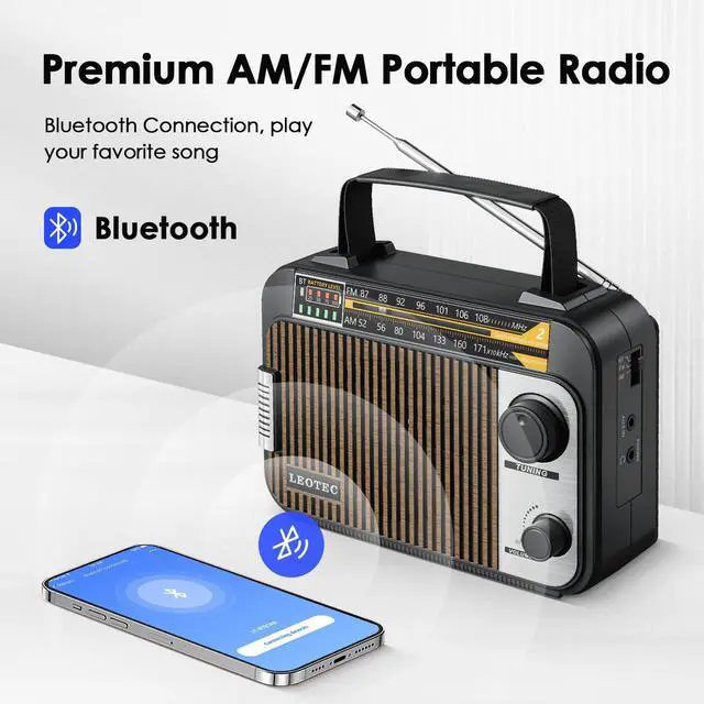 Alt view image 5 of 6 - AM FM Radio with Bluetooth,Portable Vintage Transistor Radio Rechargeable Battery/4 AA Cell Battery Operated/Plug in Wall,AUX,Big Speaker,Headphone Small Gifts for Senior