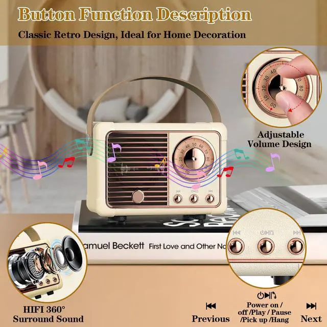 Alt view image 4 of 6 - Retro Bluetooth Speaker, Vintage Decor, Wireless Portable Mini Bluetooth Speaker, Small Cute Old Fashion Style for Kitchen Desk Bedroom Home Office Party Outdoor Gift (White)