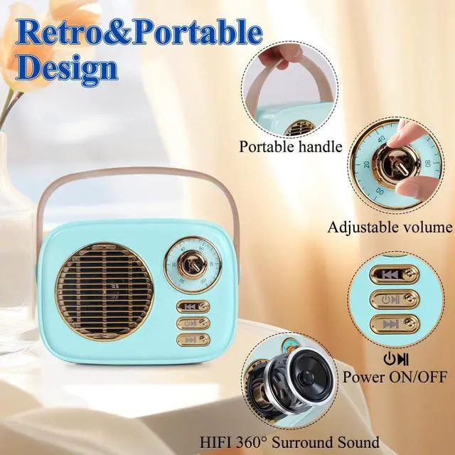 Alt view image 2 of 7 - Retro Bluetooth Speaker, Vintage Decor,Best Birthday Gifts Ideas for Women Teenage, Support USB/TF/AUX for Antique Bedroom,Kitchen,Office,Desk Decor (Blue)