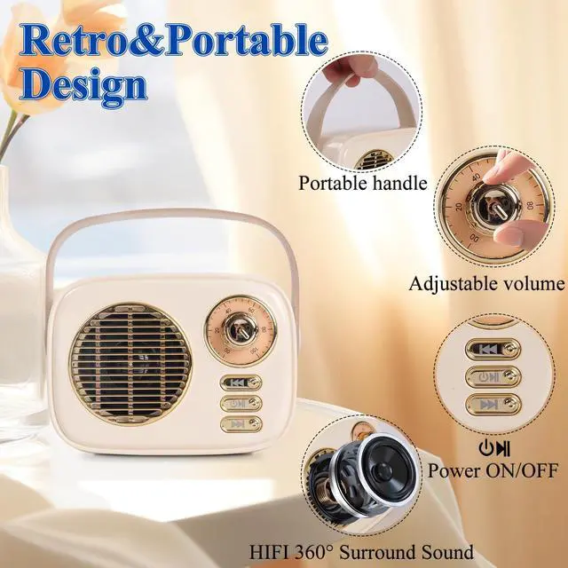 Alt view image 3 of 7 - Retro Bluetooth Speaker, Vintage Decor,Best Birthday Gifts Ideas for Women Teenage, Support USB/TF/AUX for Antique Bedroom,Kitchen,Office,Desk Decor (Beige)