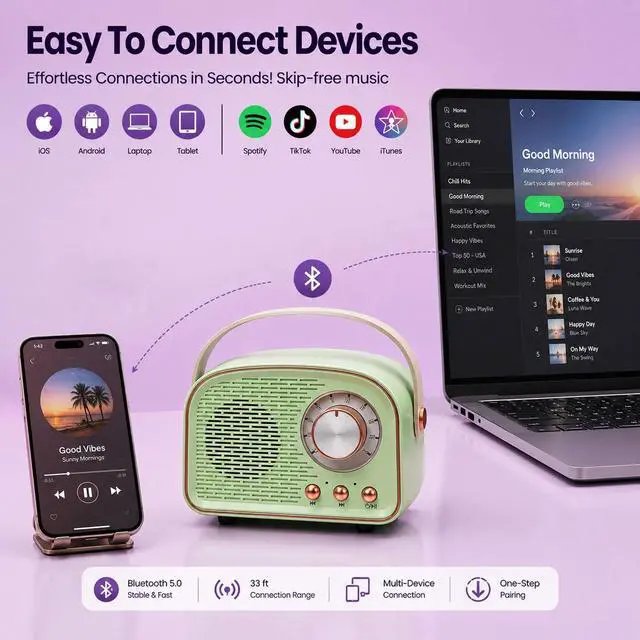 Alt view image 4 of 7 - Retro Bluetooth Speakers,Wireless Vintage Speaker,Outdoors Wireless Portable Bluetooth Speaker Supports TWS Pairing/U-Disk/TF Card/AUX for Home,Travel,Outdoor (Cyan)