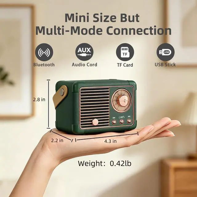Alt view image 2 of 7 - Retro Bluetooth Speaker, Portable Wireless Speaker with Crystal Clear Stereo Sound, Retro Decor for Bedroom Office Kitchen, Birthday Gifts Ideas for Women Men Teens (Green)