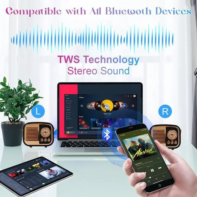 Alt view image 6 of 7 - Retro Bluetooth Speaker, Vintage Wireless Speaker,Portable Mini Radio Old Fashion Style for Room Decor Kitchen Desk Bedroom Office,Supports TWS Pairing for iPhone,Android Devices (Black)